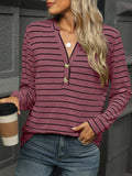 Striped Henley T-Shirt with Button Detail - Trendsi - Flyclothing LLC