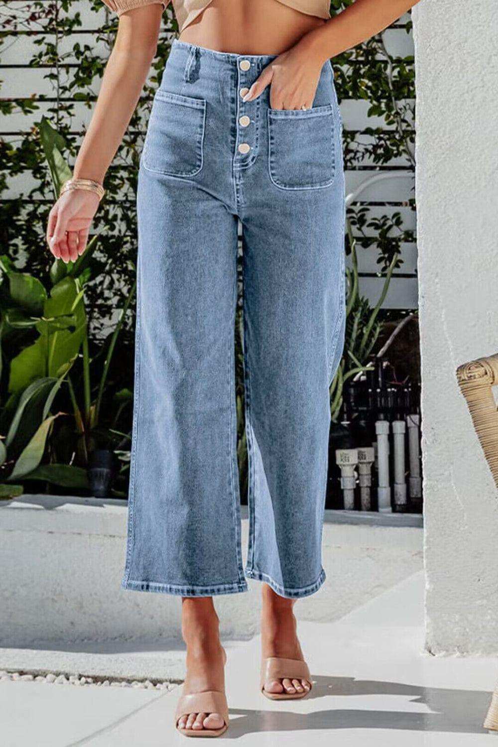 Button Fly Cropped Wide Leg Jeans - Trendsi - Flyclothing LLC