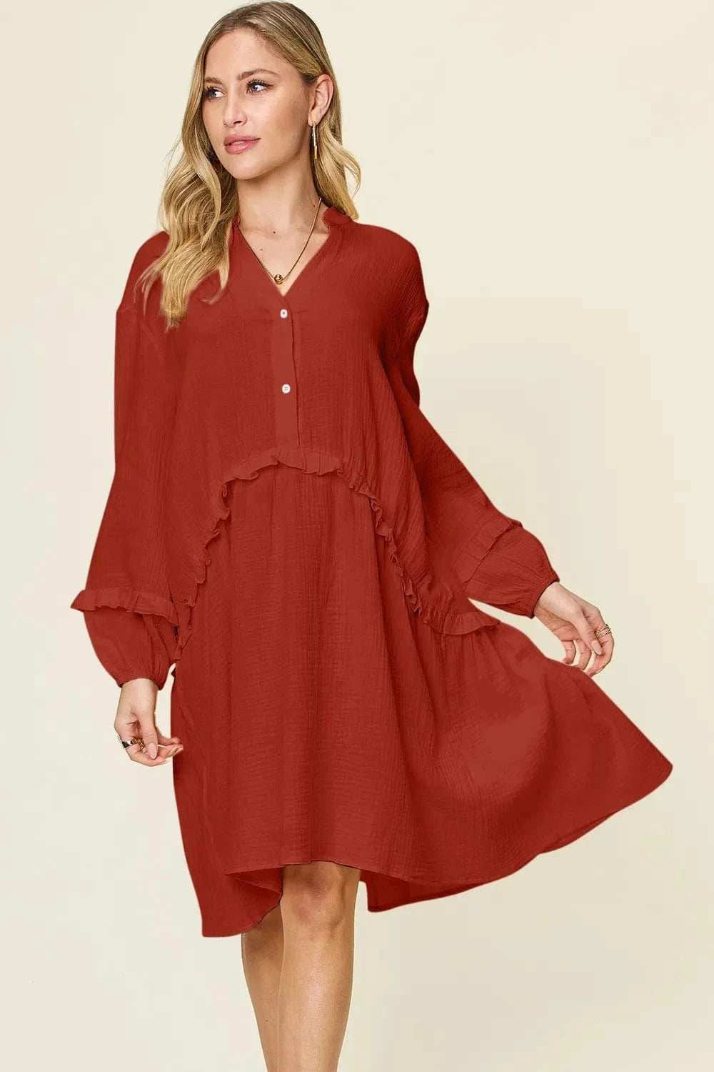 Double Take Full Size Texture Half Button Ruffle Trim Dress - Trendsi - Flyclothing LLC