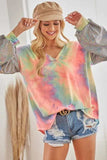 BiBi V Neck Tie Dye French Terry Top with Shiny - Trendsi - Flyclothing LLC