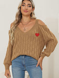 Cable-Knit Heart V-Neck Sweater - Trendsi - Flyclothing LLC