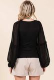 Mittoshop Mixed Media Textured Knit Chiffon Long Sleeve Top - Trendsi - Flyclothing LLC