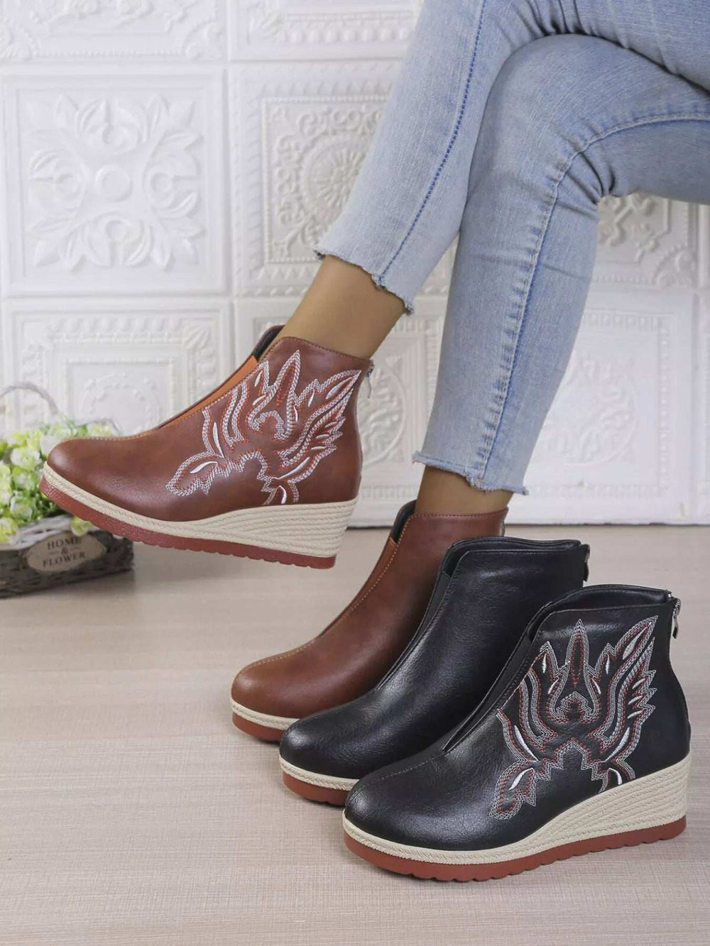 Round Toe Wedge Ankle Boots - Trendsi - Flyclothing LLC