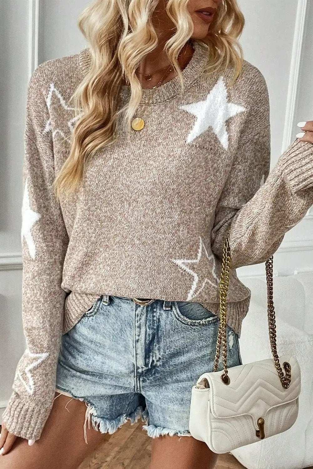 Star Round Neck Dropped Shoulder Sweater - Trendsi - Flyclothing LLC
