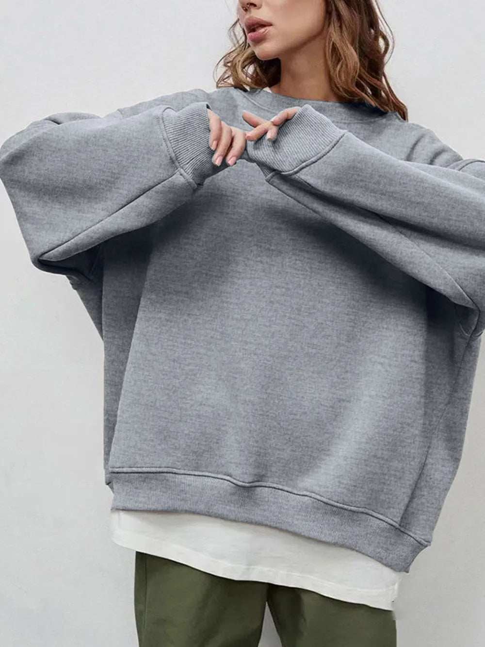 Round Neck Dropped Shoulder Long Sleeve Sweatshirt - Trendsi - Flyclothing LLC