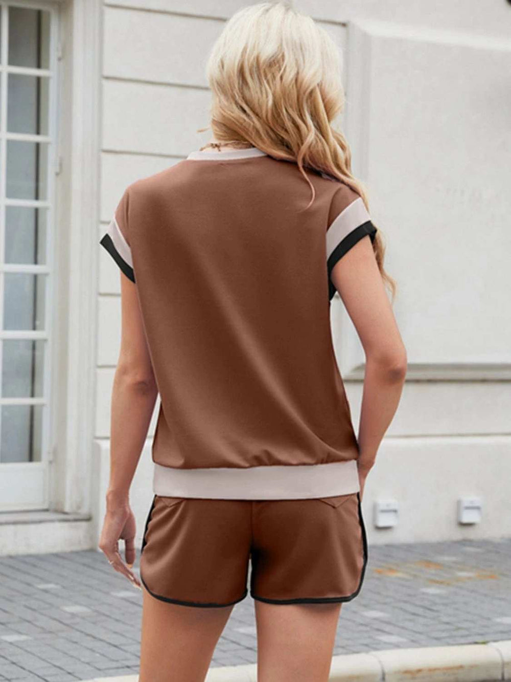 Contrast Round Neck Top and Shorts Set - Trendsi - Flyclothing LLC