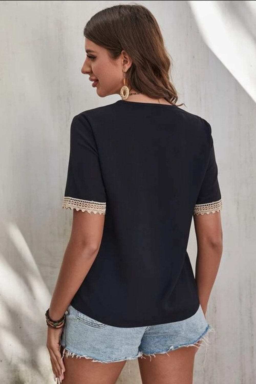 Full Size Lace Detail V-Neck Short Sleeve Blouse - Trendsi - Flyclothing LLC