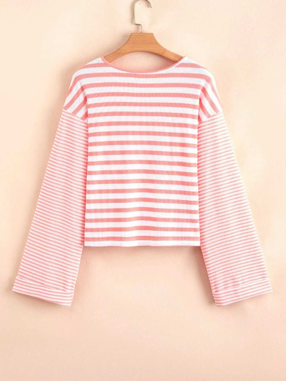 Striped Long Sleeve Ribbed Blouse - Trendsi - Flyclothing LLC