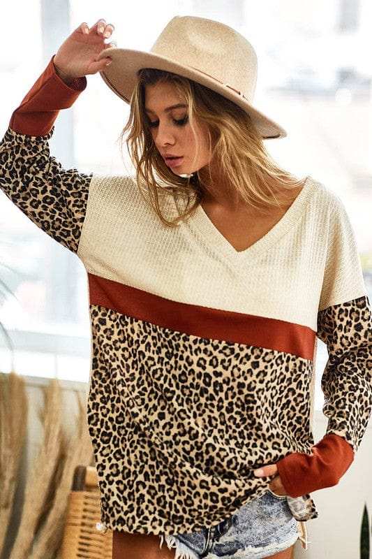BiBi Waffle Knit Leopard Color Block V-Neck Top - Trendsi - Flyclothing LLC