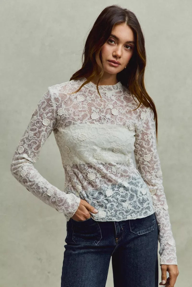 SO ME Lace Long Sleeve 3d Effect Floral Layering Top - Trendsi - Flyclothing LLC