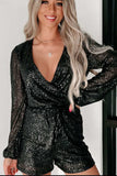 Sequin Surplice Long Sleeve Romper - Trendsi - Flyclothing LLC