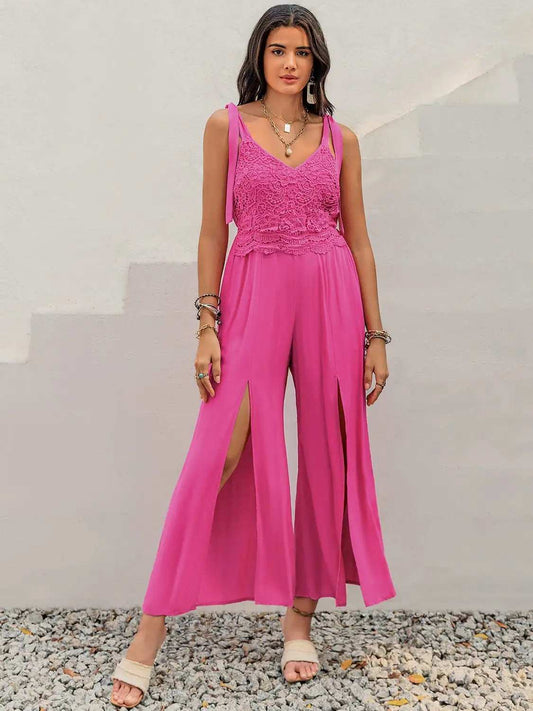 V-Neck Wide Strap Slit Jumpsuit - Trendsi - Flyclothing LLC