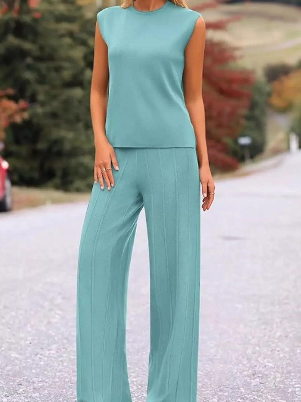 Casual Solid Color Cap Sleeve Top and Pants Knit Set - Trendsi - Flyclothing LLC