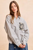BiBi Flower Jacquard Knit Patch Pocket Stripe Shirt - Trendsi - Flyclothing LLC