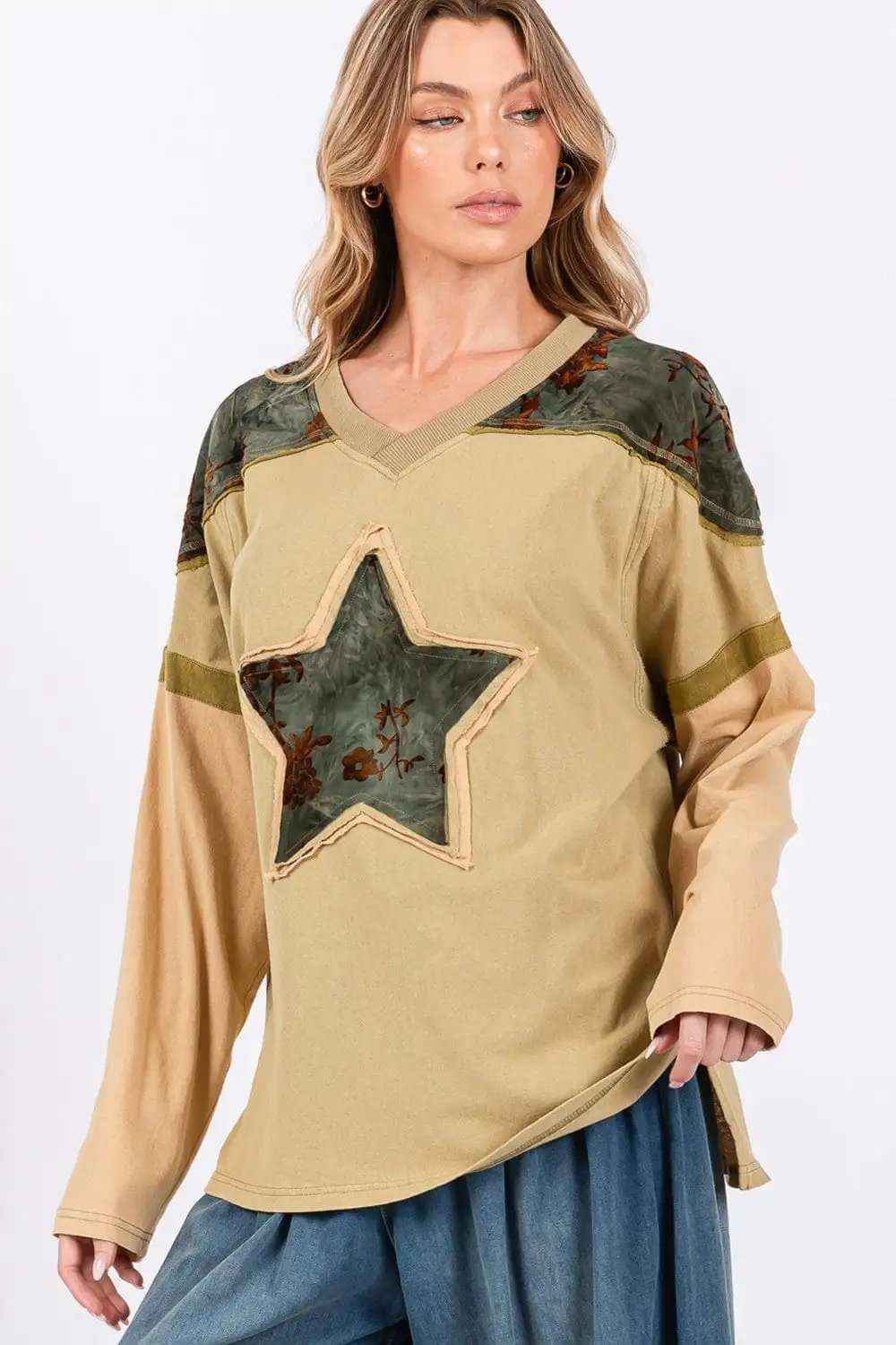 SAGE + FIG Star Patch Long Sleeve Color Block T-Shirt - Trendsi - Flyclothing LLC