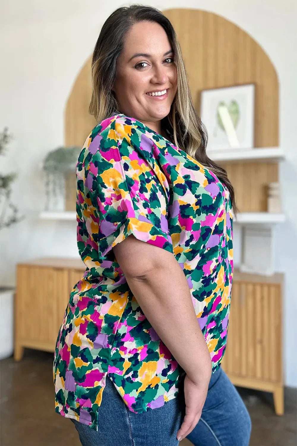 Double Take Full Size Printed V-Neck Short Sleeve Side Slit Top - Trendsi - Flyclothing LLC