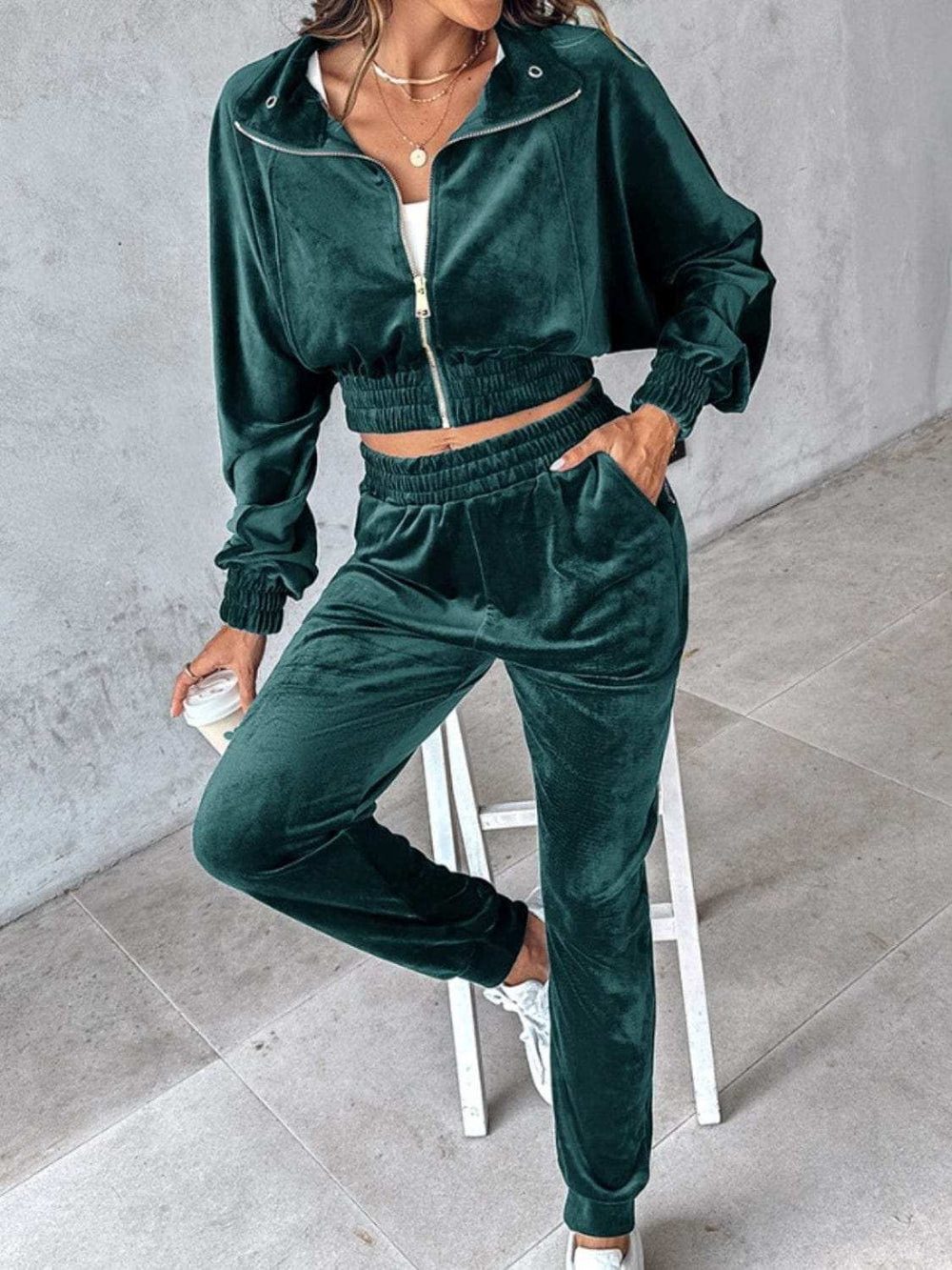 Zip Up Long Sleeve Cropped Top and Joggers Set - Trendsi - Flyclothing LLC
