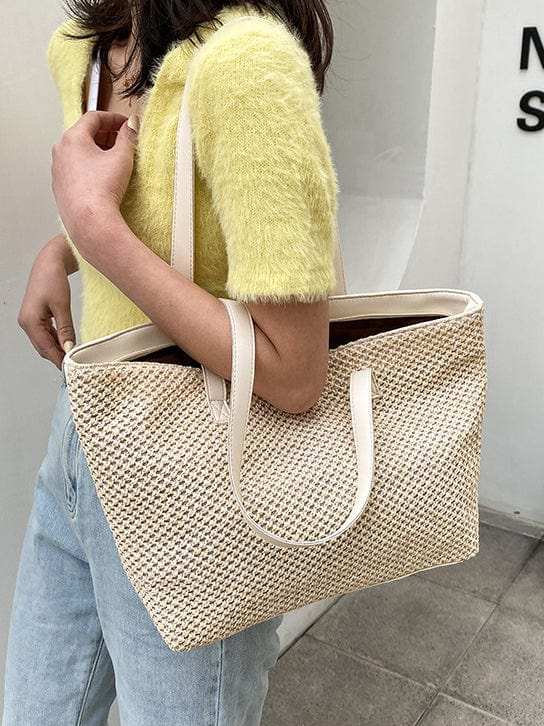 Solid Color Woven Tote Bag - Trendsi - Flyclothing LLC