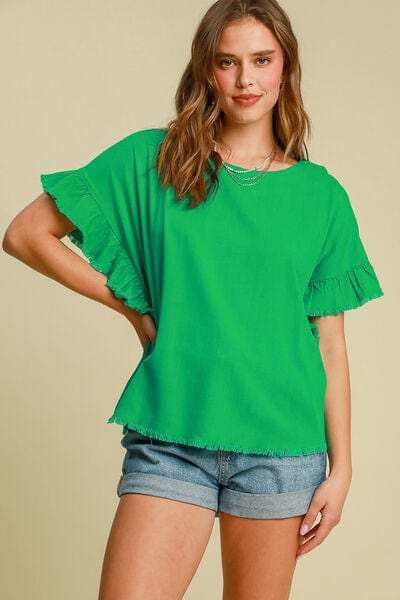 Umgee Full Size Raw Hem Ruffle Short Sleeve Blouse Plus Size - Trendsi - Flyclothing LLC