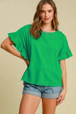 Umgee Full Size Raw Hem Ruffle Short Sleeve Blouse Plus Size - Trendsi - Flyclothing LLC