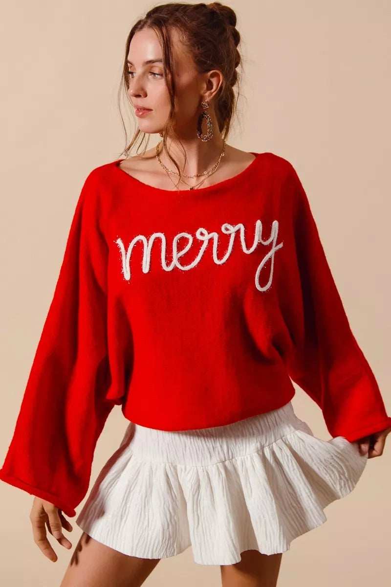 SO ME Merry Tinsel Lettering Christmas Sweater Top - Trendsi - Flyclothing LLC