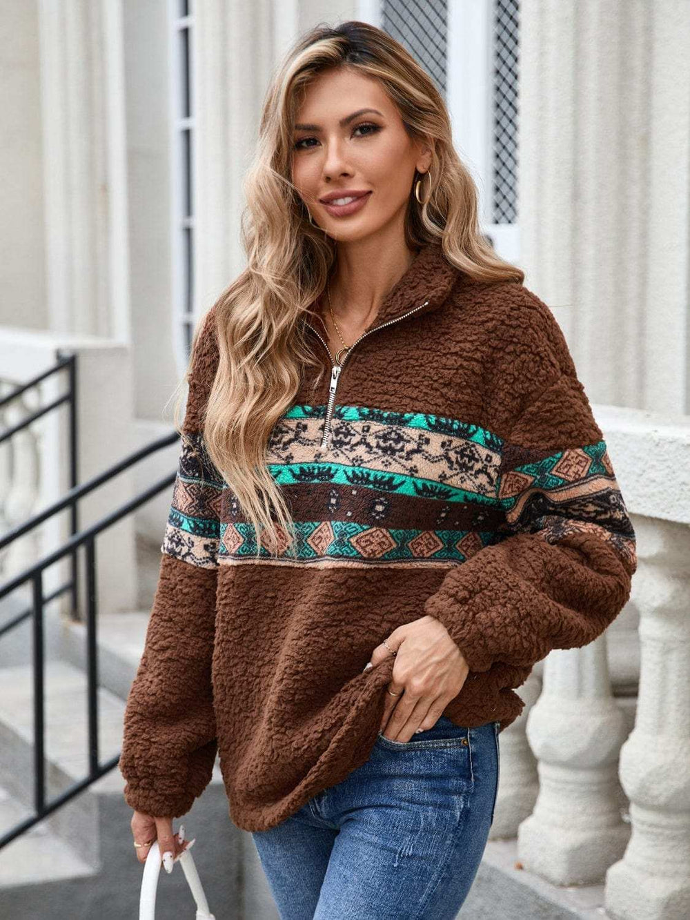 Half Zip Long Sleeve Fuzzy Top - Trendsi - Flyclothing LLC