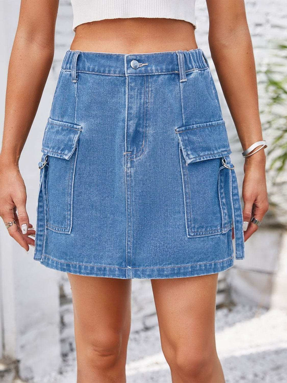 Pocketed Buttoned Denim Skirt - Trendsi - Flyclothing LLC
