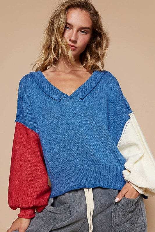 POL Exposed Seam Contrast V-Neck Lantern Sleeve Sweater - Trendsi - Flyclothing LLC
