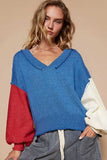POL Exposed Seam Contrast V-Neck Lantern Sleeve Sweater - Trendsi - Flyclothing LLC