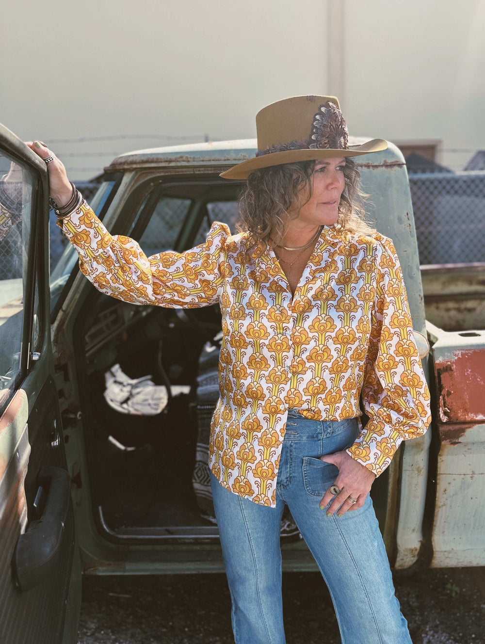 Streets Of Gold Golden Yellow Tulip Flower Pouf Sleeve Button Up Blouse - Lil Bee's Bohemian - Flyclothing LLC