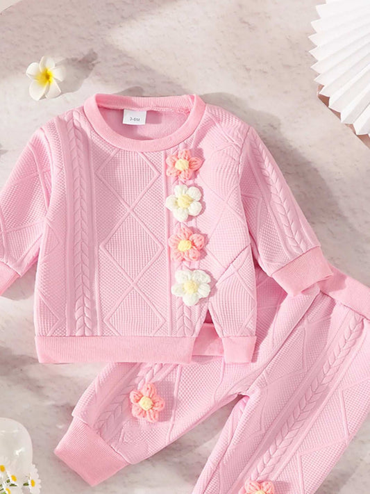 Children's Flower Textured Top and Pants Set - Trendsi - Flyclothing LLC