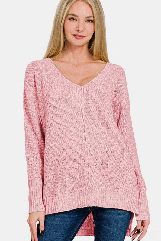 Zenana High-Low Center Seam V-Neck Sweater - Trendsi - Flyclothing LLC