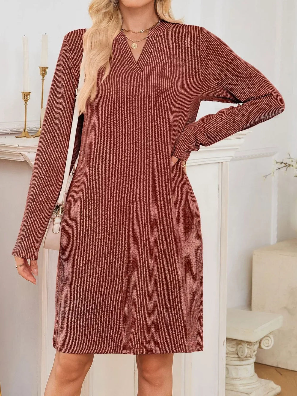 Casual Ribbed Knit Long Sleeve Dress - Trendsi - Flyclothing LLC
