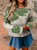 Leaf Round Neck Long Sleeve Sweater - Trendsi - Flyclothing LLC