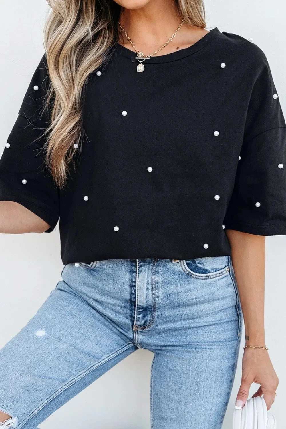 Pearl Beaded Round Neck Half Sleeve T Shirt - Trendsi - Flyclothing LLC