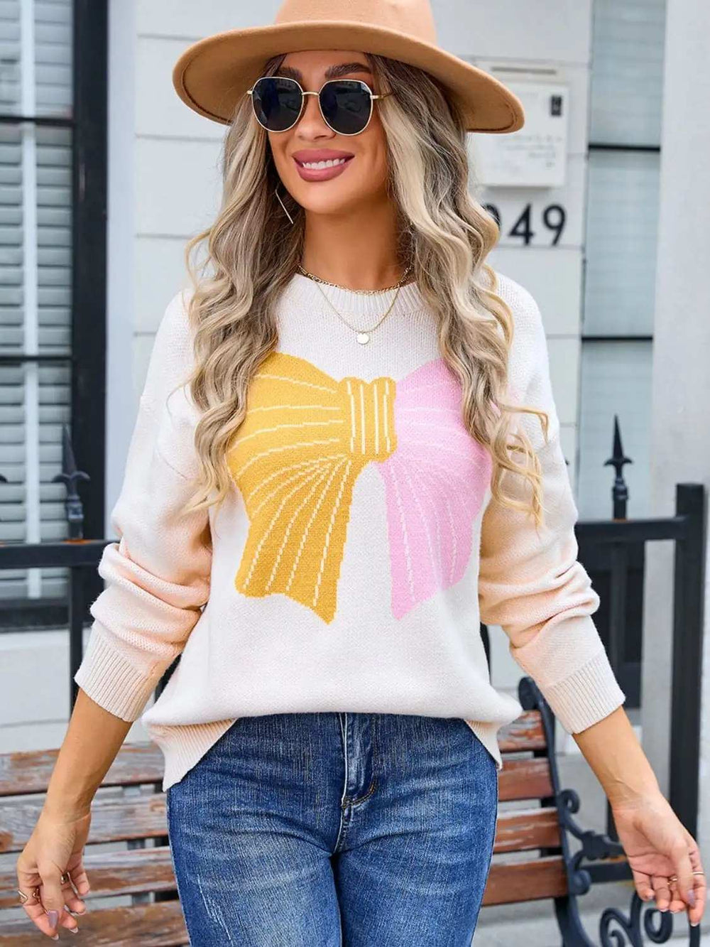 Angel Wings Bow Round Neck Dropped Shoulder Sweater - Trendsi - Flyclothing LLC