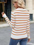 Striped Johnny Collar Long Sleeve Sweater - Trendsi - Flyclothing LLC