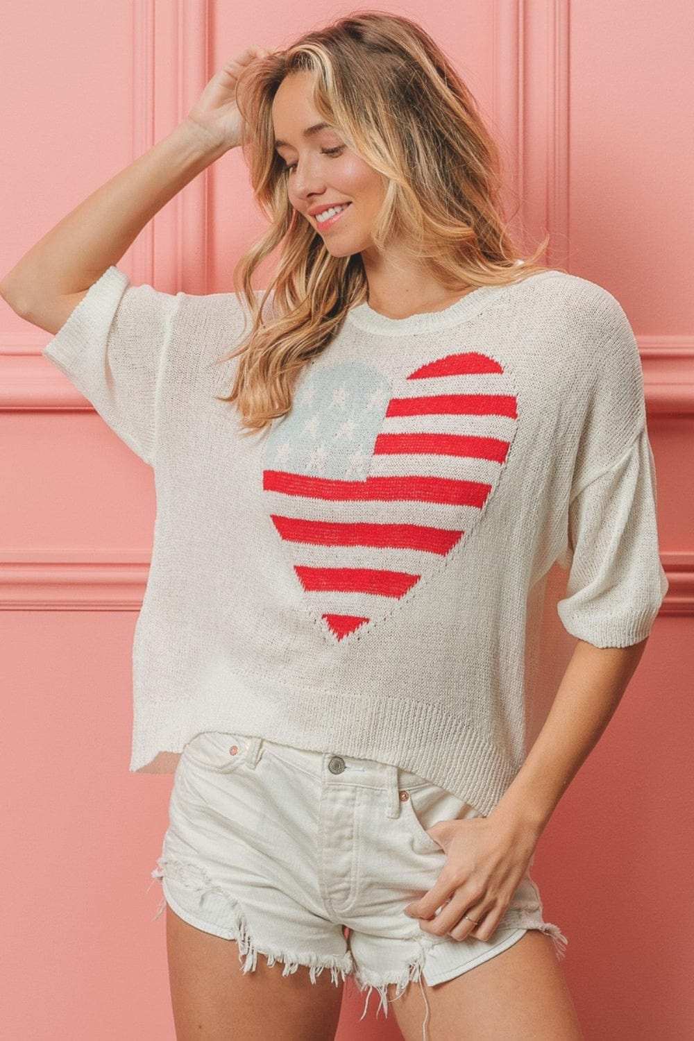 BiBi Striped Heart Contrast Knit Top - Trendsi - Flyclothing LLC