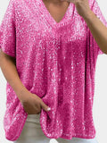 Full Size Sequin V-Neck Short Sleeve Top - Trendsi - Flyclothing LLC