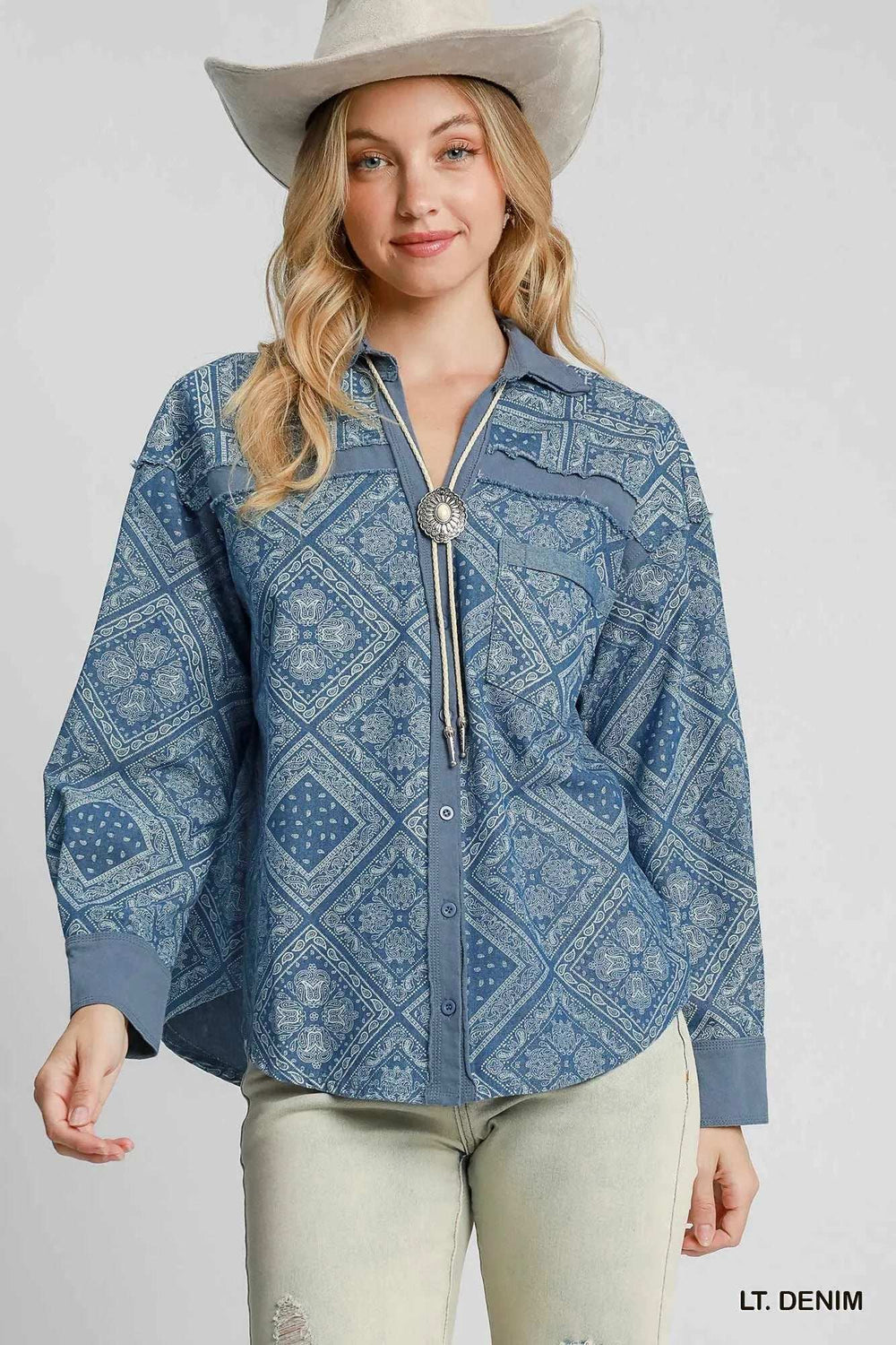 Umgee Paisley Print Denim Shirt Jacket - Trendsi - Flyclothing LLC