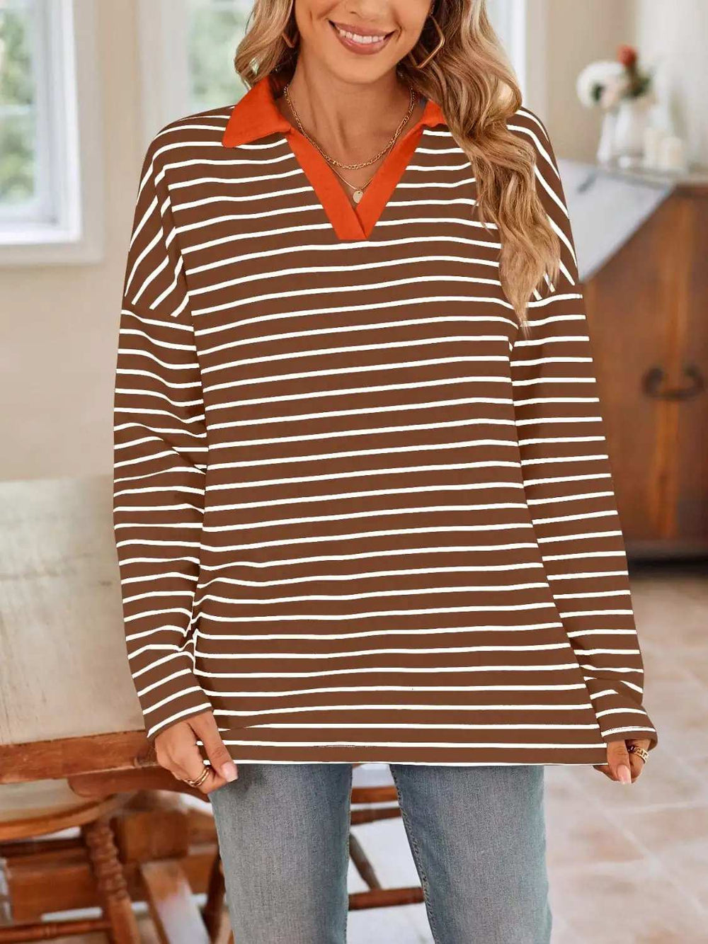 Striped Johnny Collar Long Sleeve T-Shirt - Trendsi - Flyclothing LLC