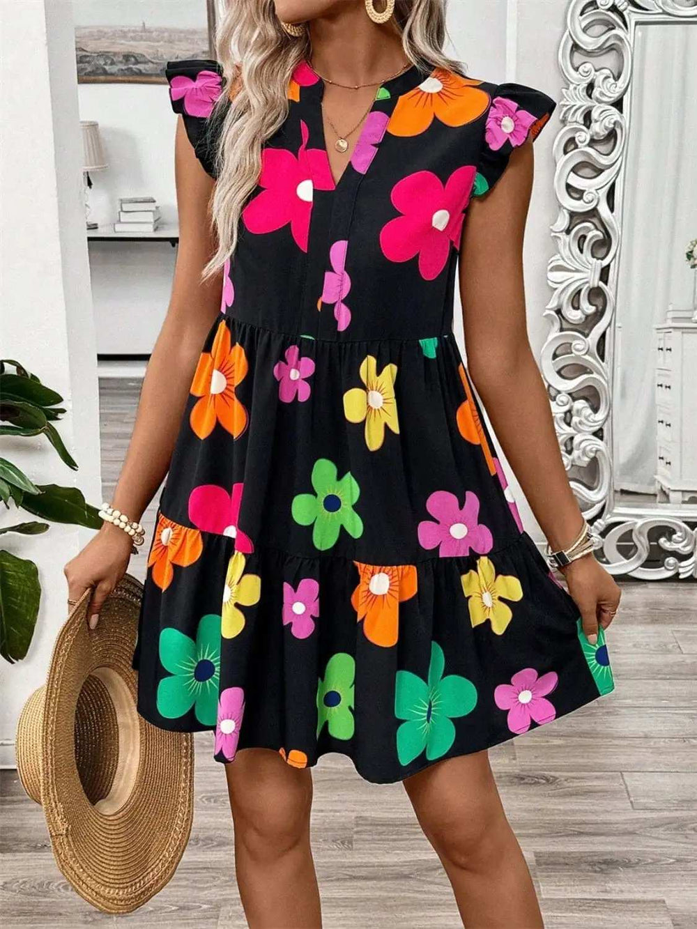 Ruffled Printed Notched Cap Sleeve Dress - Trendsi - Flyclothing LLC