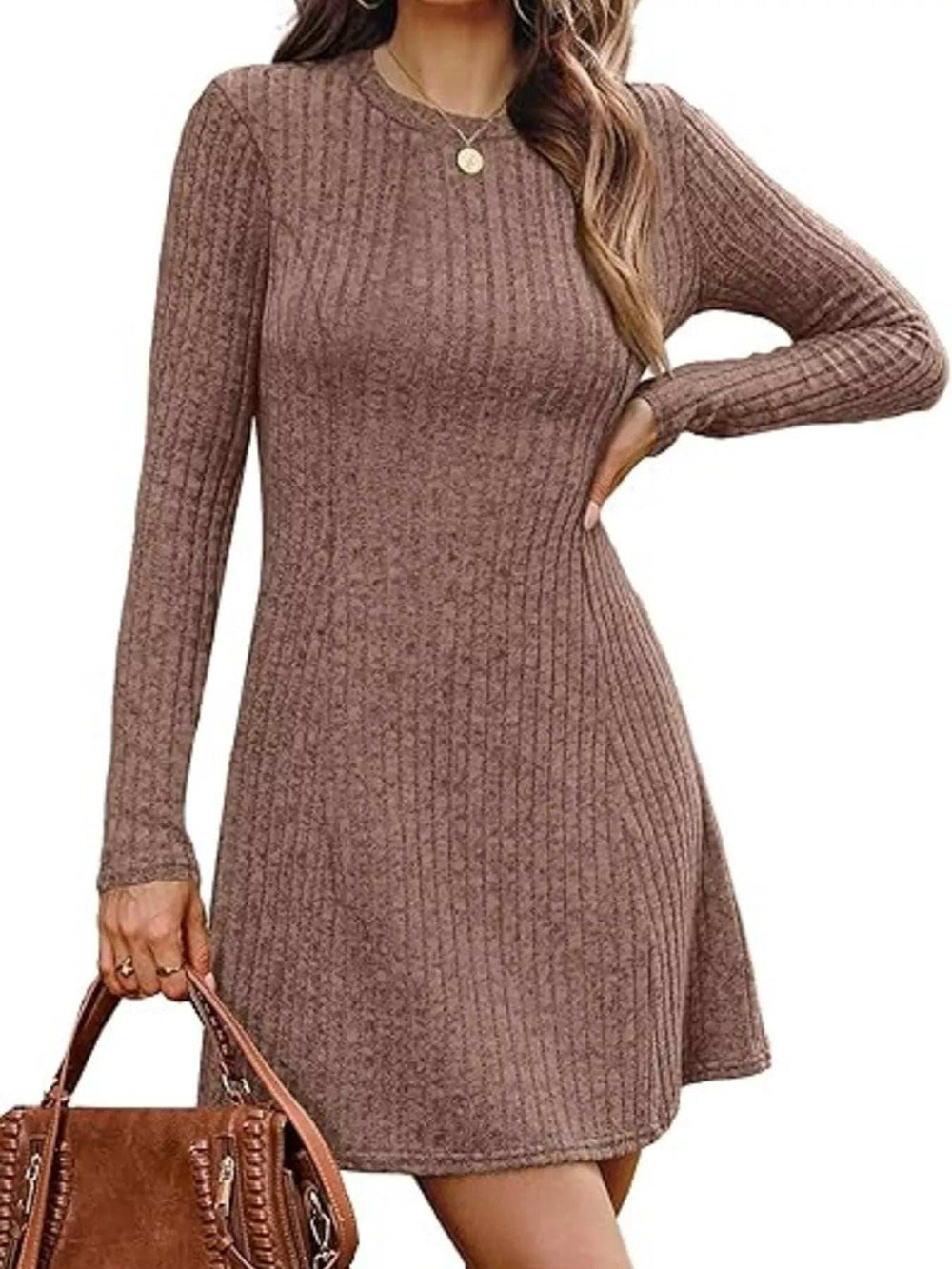Ribbed Knit Long Sleeve A-Line Dress - Trendsi - Flyclothing LLC