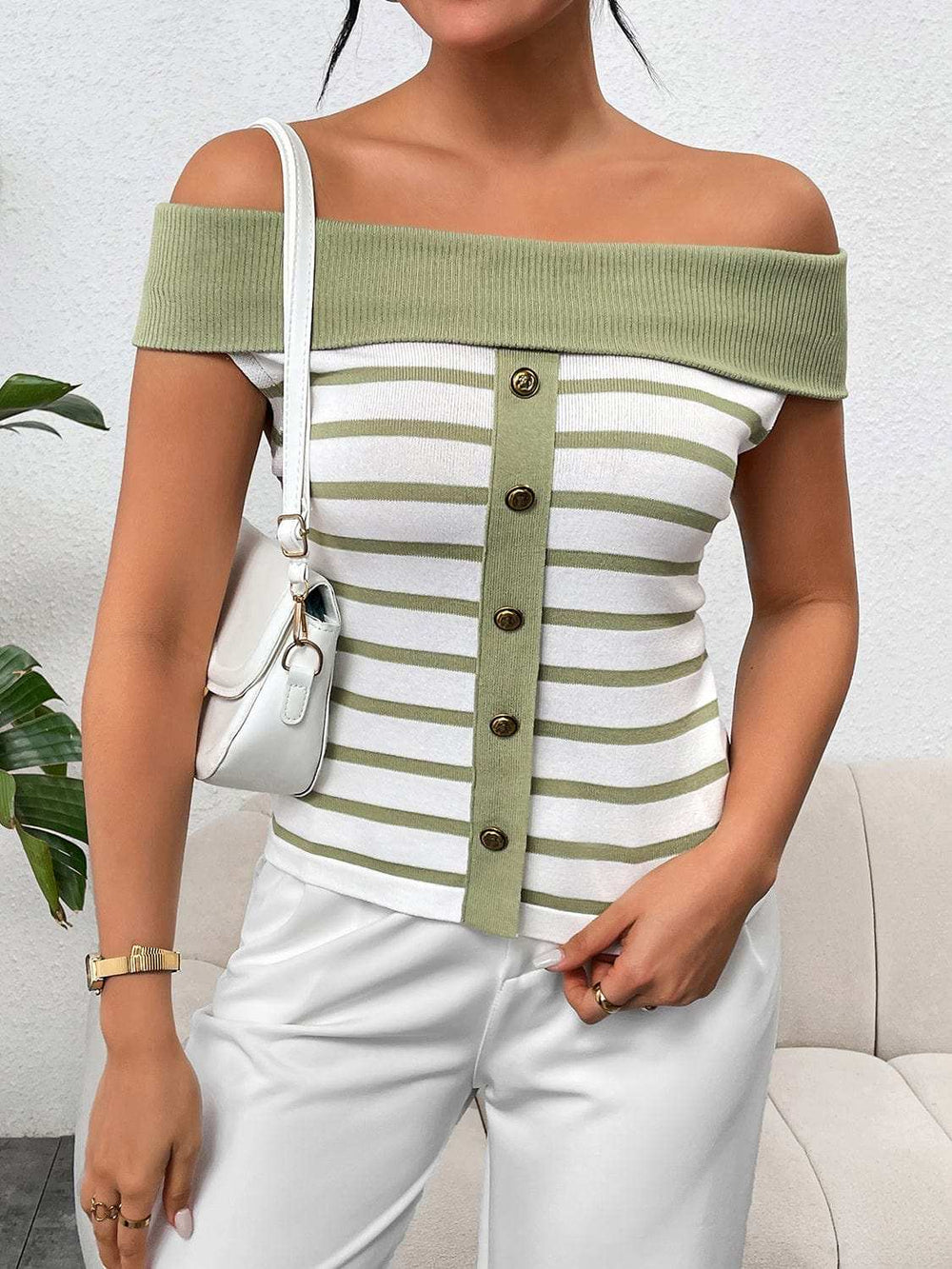 Decorative Button Striped Off-Shoulder Knit Top - Trendsi - Flyclothing LLC