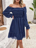 Smocked Polka Dot Long Sleeve Dress - Trendsi - Flyclothing LLC