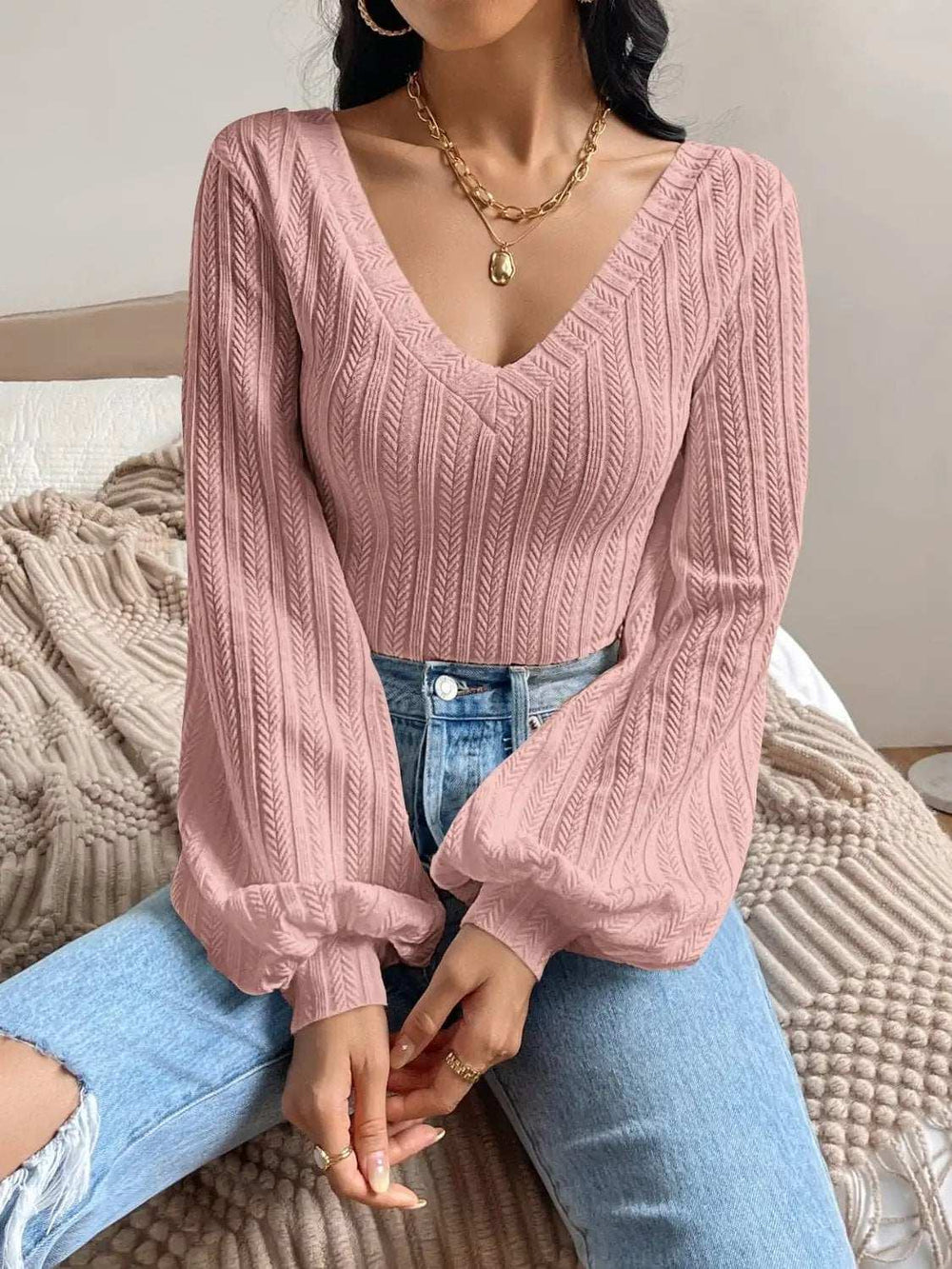 V-Neck Long Sleeve T-Shirt - Trendsi - Flyclothing LLC