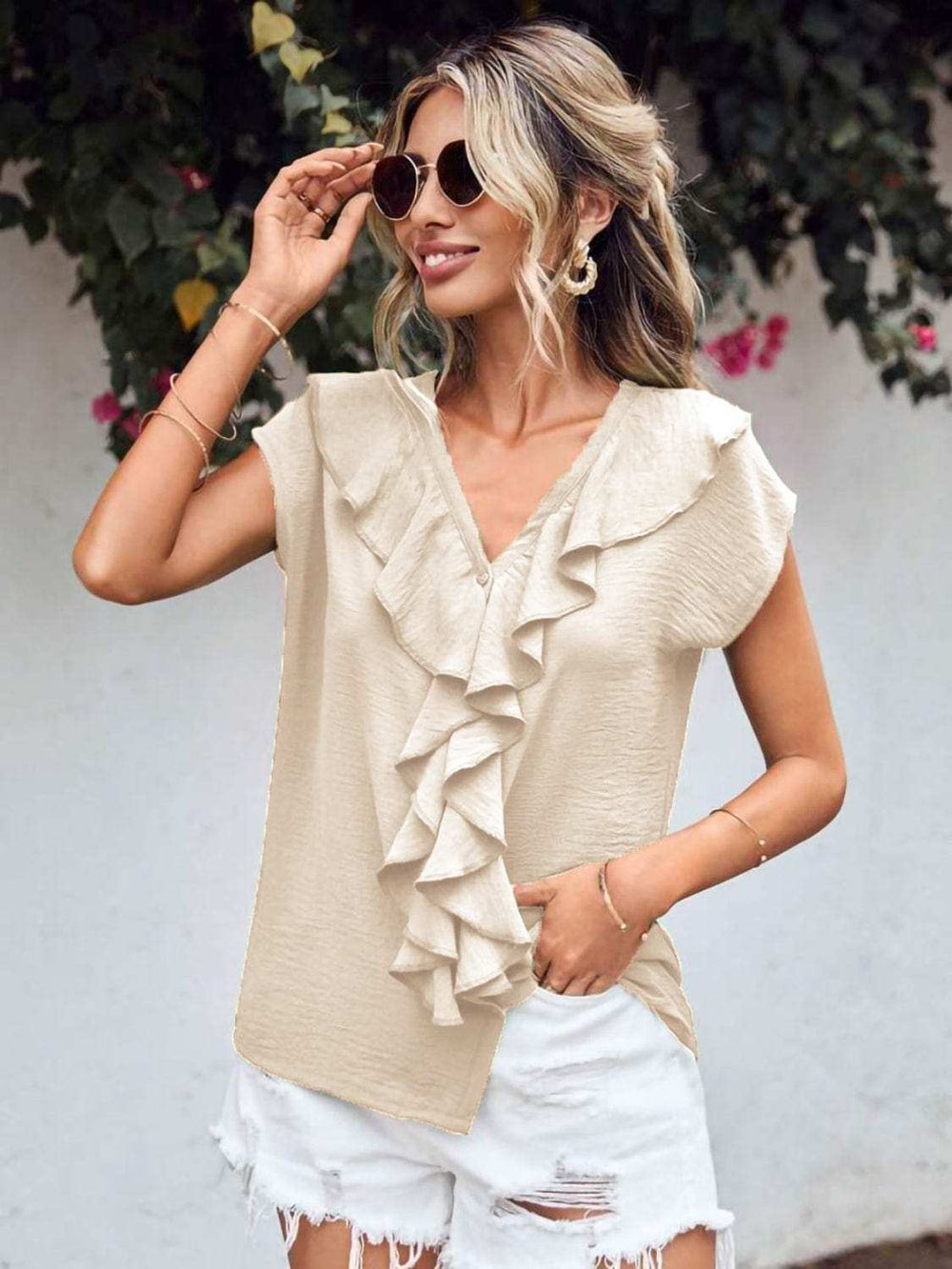 Ruffled V-Neck Short Sleeve Blouse - Trendsi - Flyclothing LLC