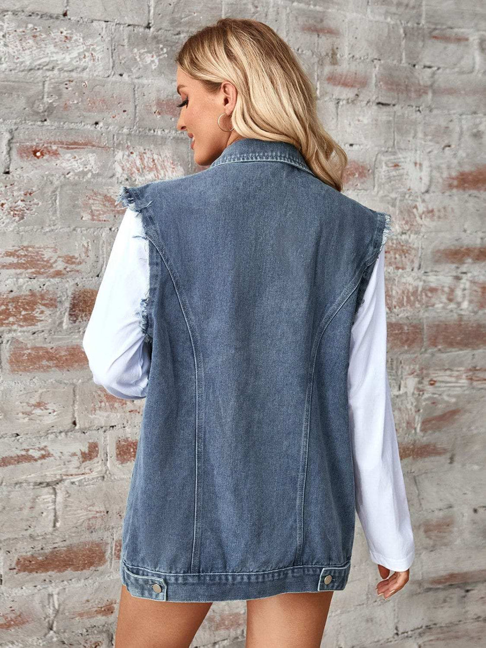 Raw Hem Sleeveless Button Up Denim Jacket - Trendsi - Flyclothing LLC