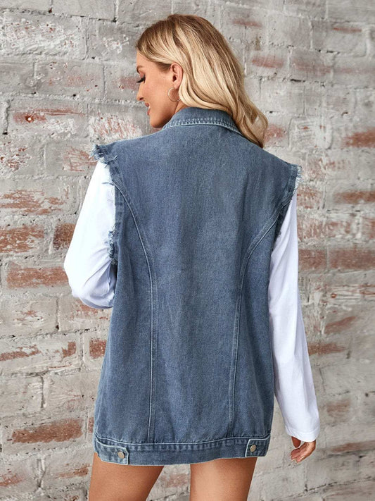 Raw Hem Sleeveless Button Up Denim Jacket - Trendsi - Flyclothing LLC