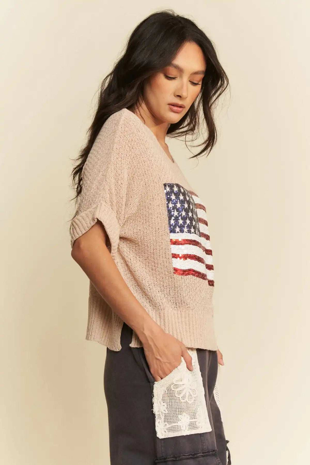 Davi & Dani Sequin American Flag Patch Short Sleeve Knit Top - Trendsi - Flyclothing LLC